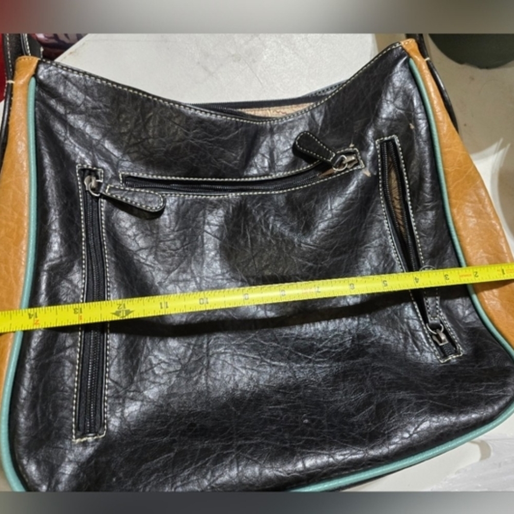 Woman's Black/Brown Leather- Like Purse With Flowers On Handles, Size 21x12x5 - Picture 9 of 12